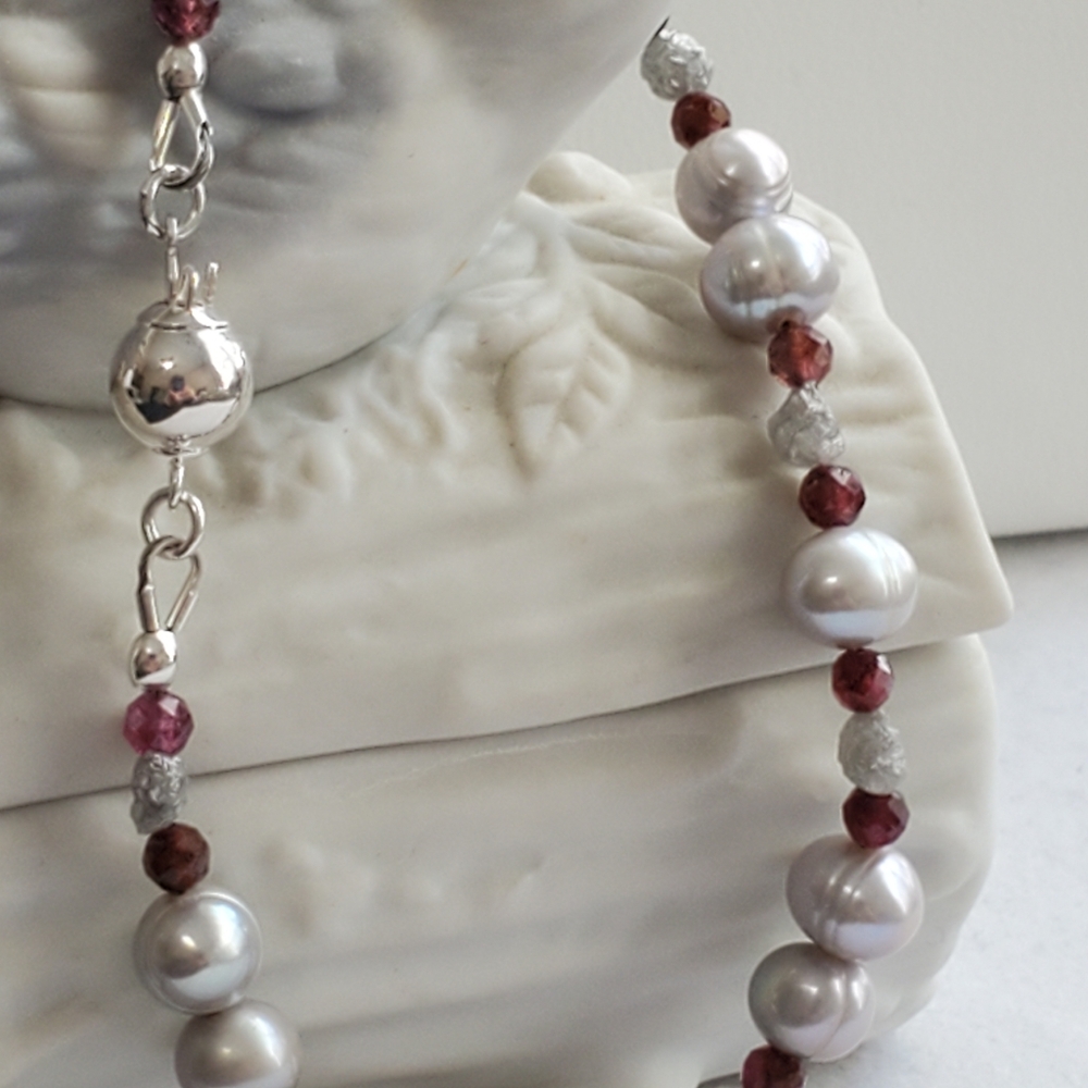 Raw Diamond, Red Sapphire, and Pearl Sterling Bracelet